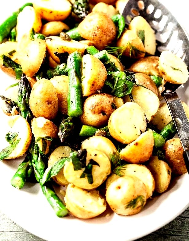 Warm Potato and Asparagus Salad with Herbs and Garlic Caper Dressing