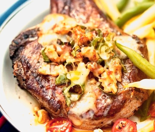 Beer-Marinated Pork Chops with Cheese Topping