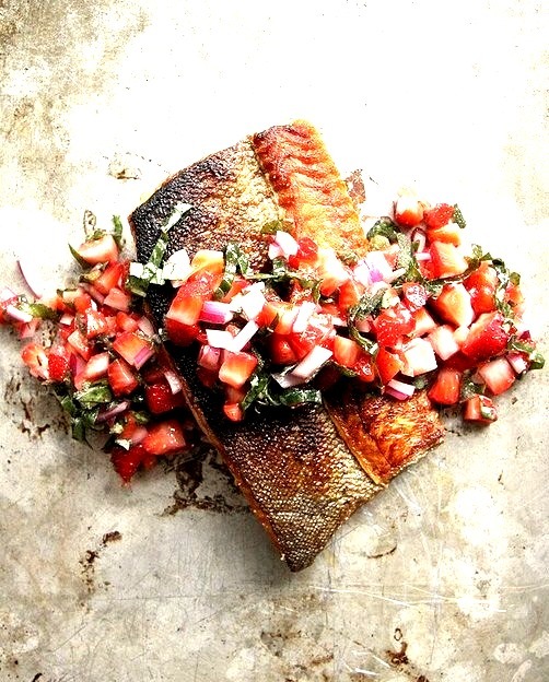 Strawberry and salmon, a match made in heaven.Crispy Salmon with Strawberry Basil Salsa on Heather Christo