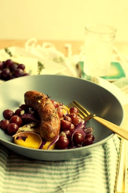 Roasted Sausages with Red Grapes, Polenta, and Gorgonzola